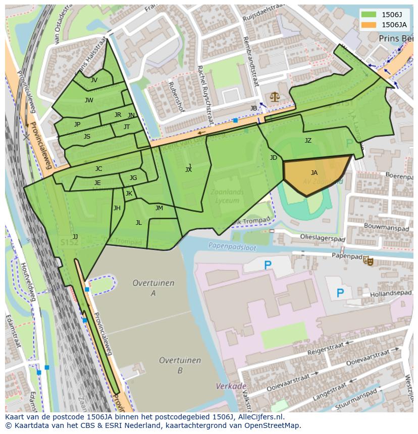 Afbeelding van het postcodegebied 1506 JA op de kaart.