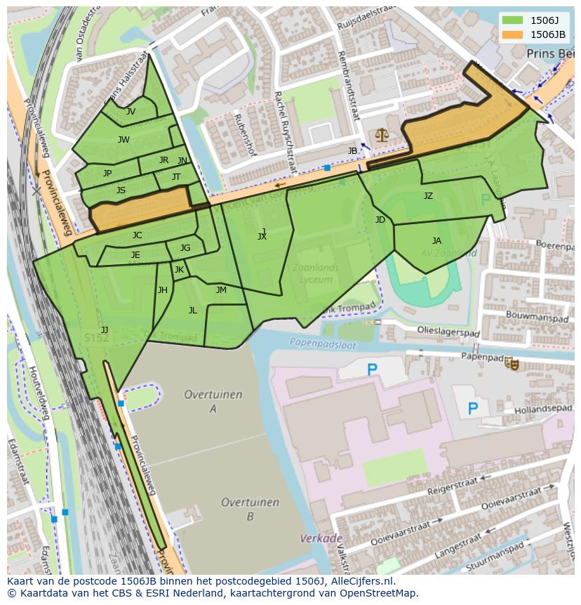Afbeelding van het postcodegebied 1506 JB op de kaart.