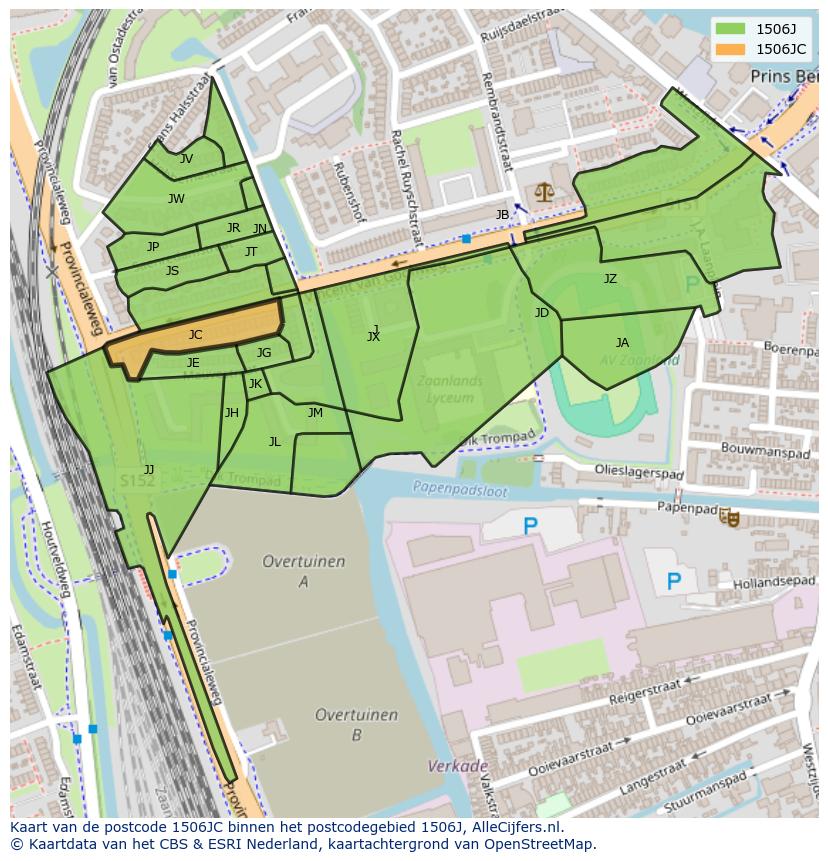 Afbeelding van het postcodegebied 1506 JC op de kaart.