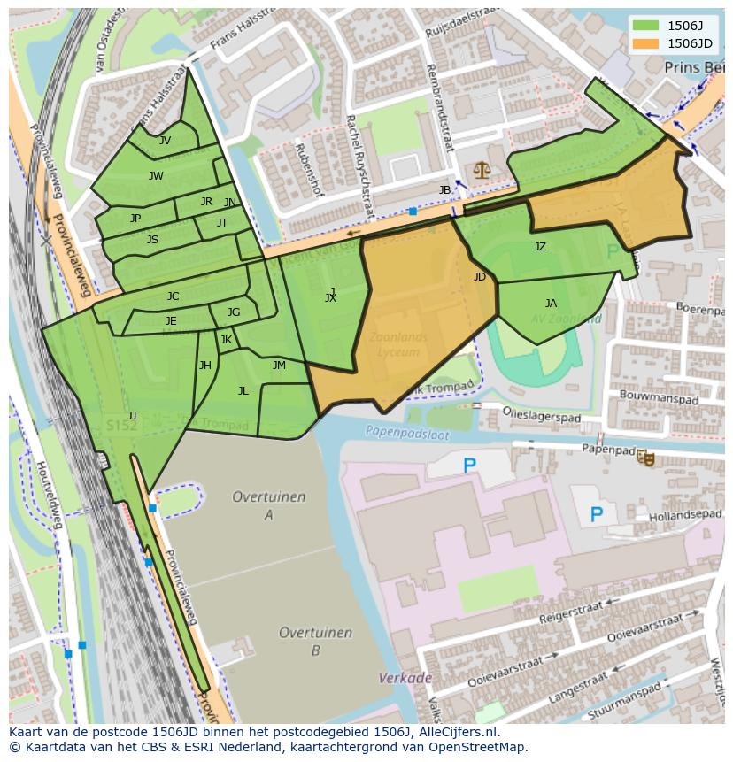 Afbeelding van het postcodegebied 1506 JD op de kaart.