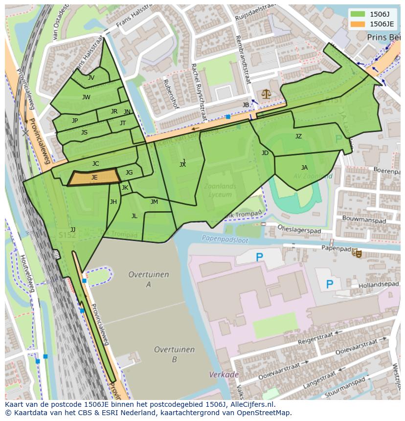Afbeelding van het postcodegebied 1506 JE op de kaart.