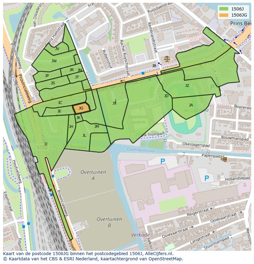 Afbeelding van het postcodegebied 1506 JG op de kaart.