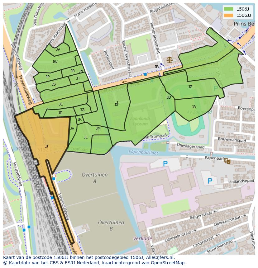 Afbeelding van het postcodegebied 1506 JJ op de kaart.