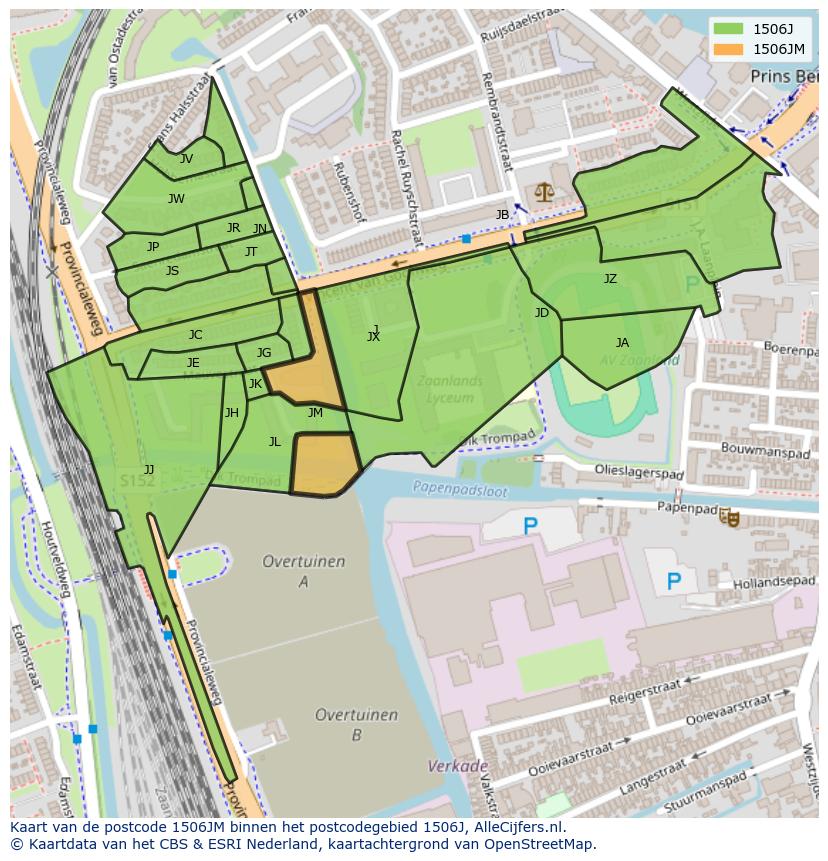 Afbeelding van het postcodegebied 1506 JM op de kaart.