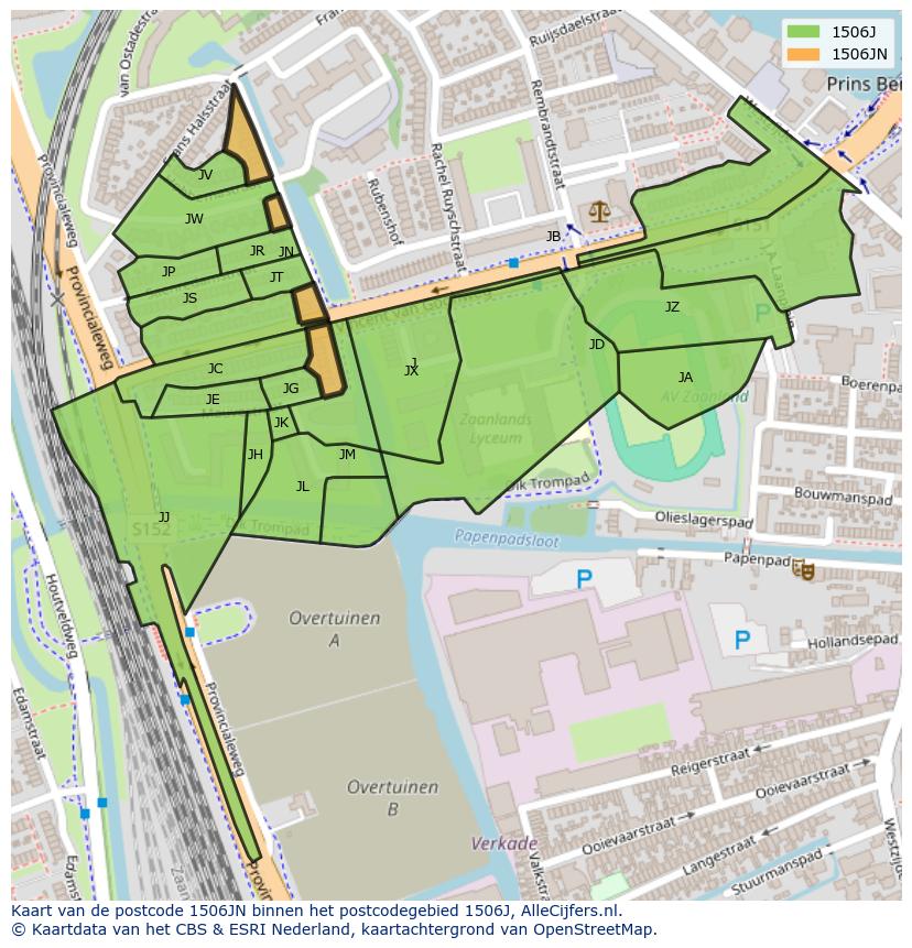 Afbeelding van het postcodegebied 1506 JN op de kaart.