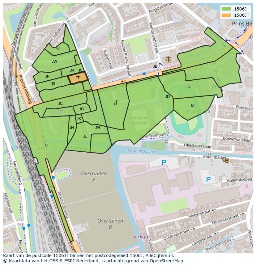 Afbeelding van het postcodegebied 1506 JT op de kaart.