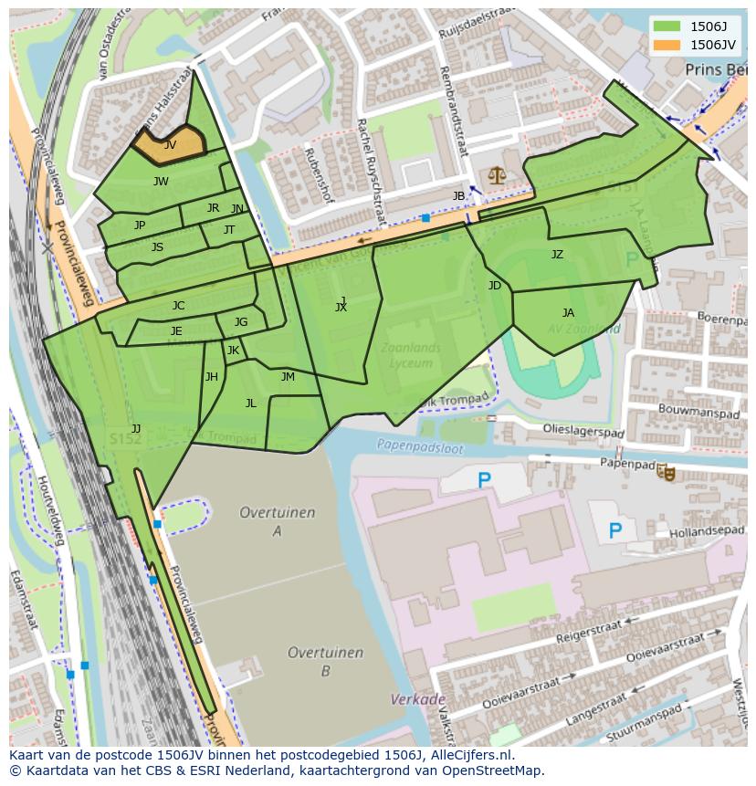 Afbeelding van het postcodegebied 1506 JV op de kaart.