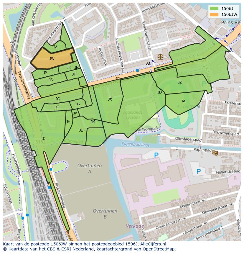 Afbeelding van het postcodegebied 1506 JW op de kaart.