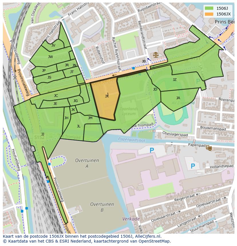 Afbeelding van het postcodegebied 1506 JX op de kaart.