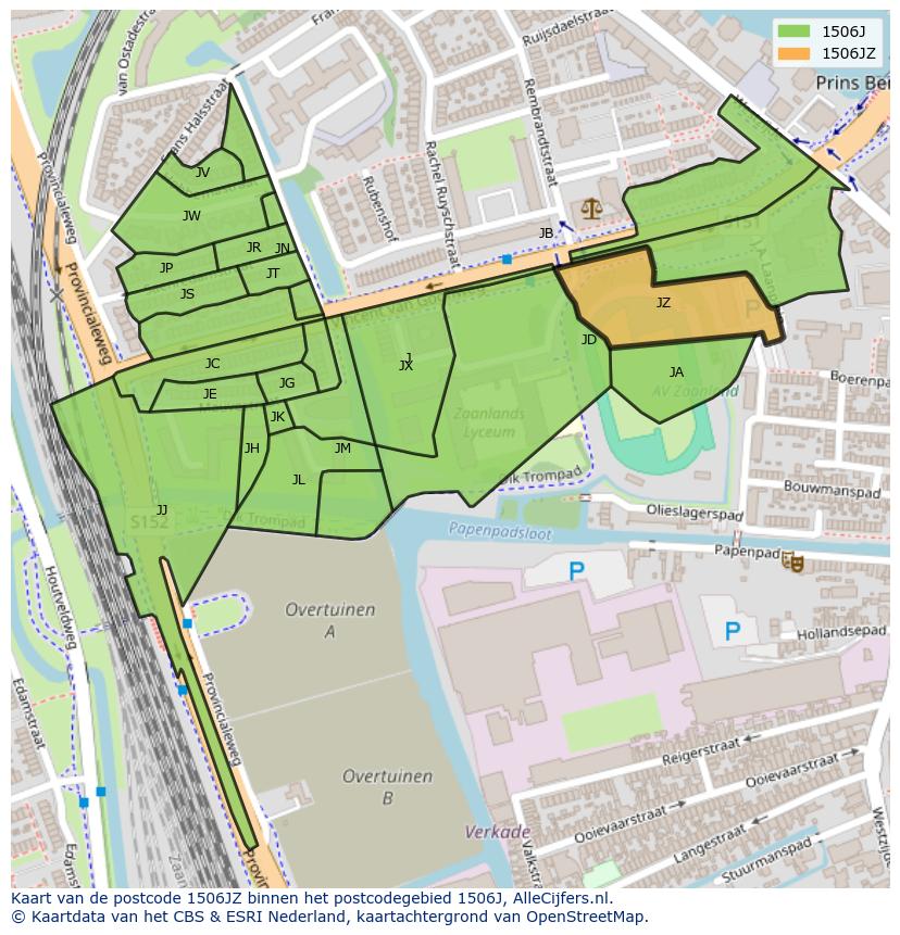 Afbeelding van het postcodegebied 1506 JZ op de kaart.