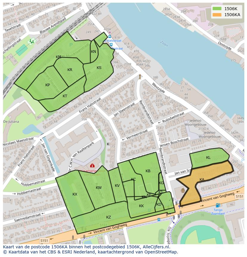 Afbeelding van het postcodegebied 1506 KA op de kaart.