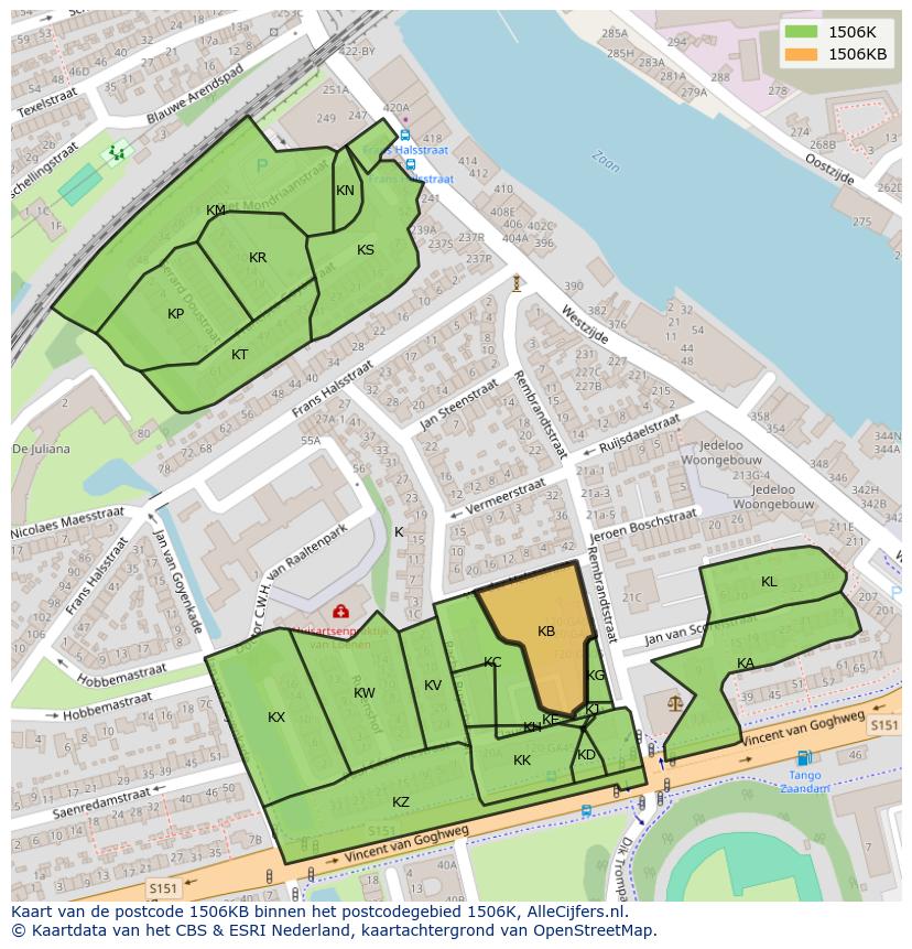Afbeelding van het postcodegebied 1506 KB op de kaart.