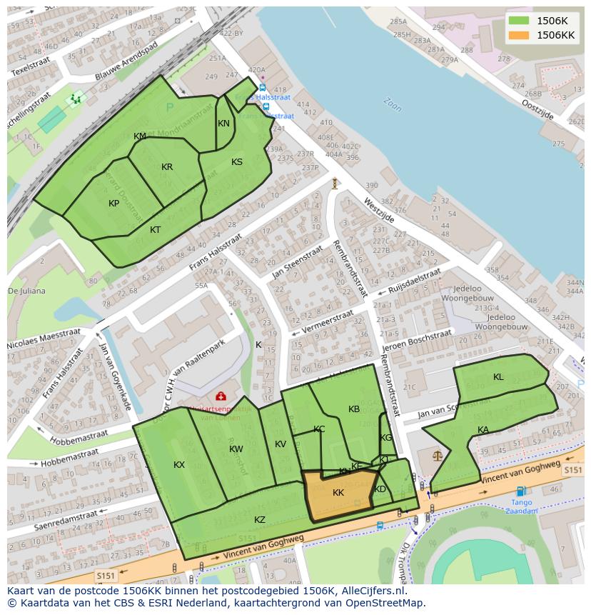 Afbeelding van het postcodegebied 1506 KK op de kaart.