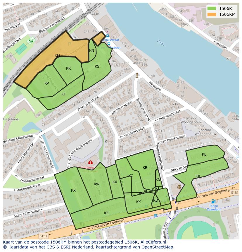 Afbeelding van het postcodegebied 1506 KM op de kaart.