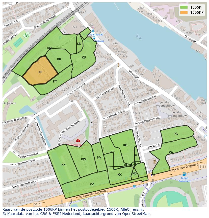 Afbeelding van het postcodegebied 1506 KP op de kaart.