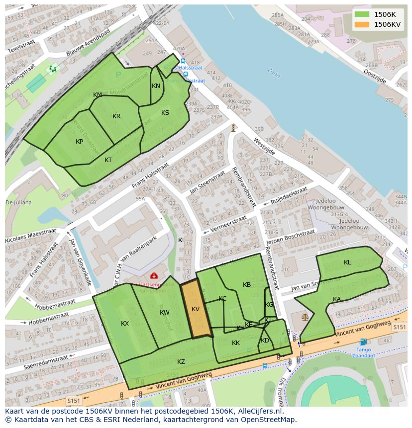 Afbeelding van het postcodegebied 1506 KV op de kaart.