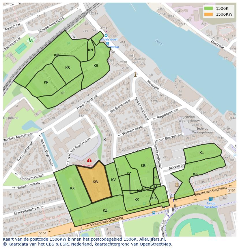 Afbeelding van het postcodegebied 1506 KW op de kaart.
