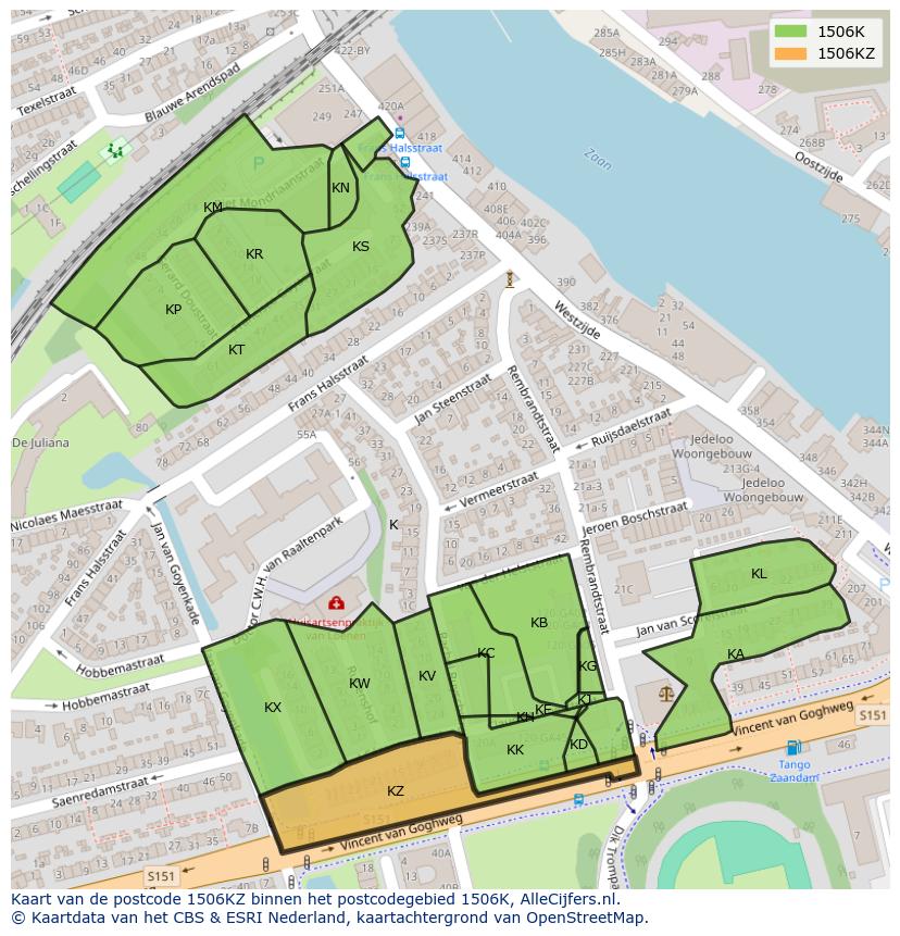 Afbeelding van het postcodegebied 1506 KZ op de kaart.