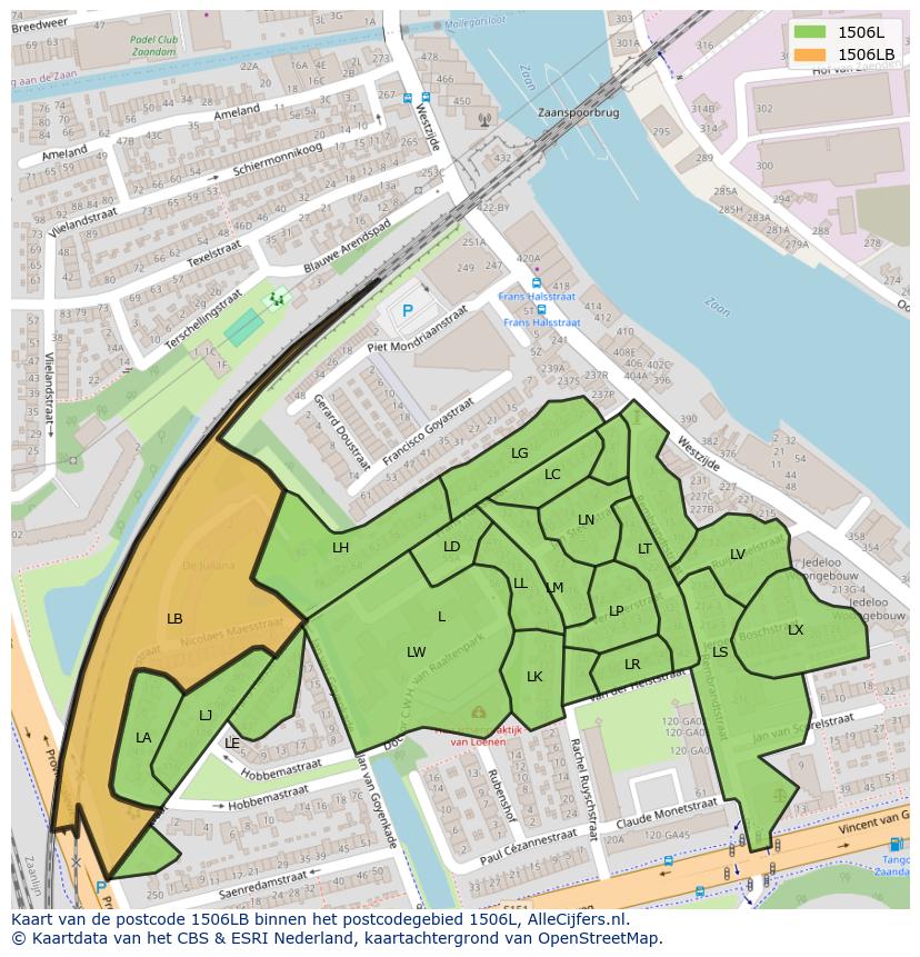 Afbeelding van het postcodegebied 1506 LB op de kaart.
