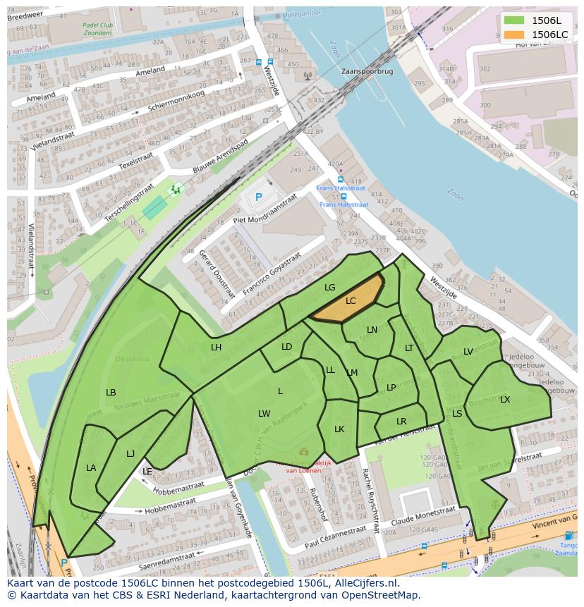 Afbeelding van het postcodegebied 1506 LC op de kaart.