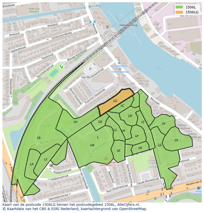 Afbeelding van het postcodegebied 1506 LG op de kaart.