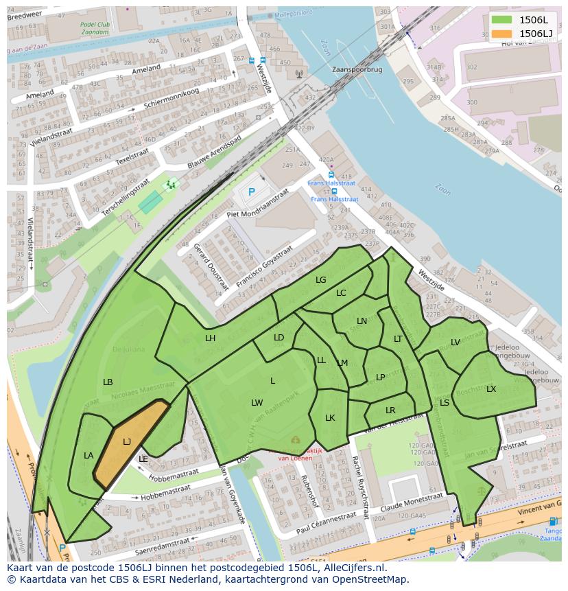 Afbeelding van het postcodegebied 1506 LJ op de kaart.