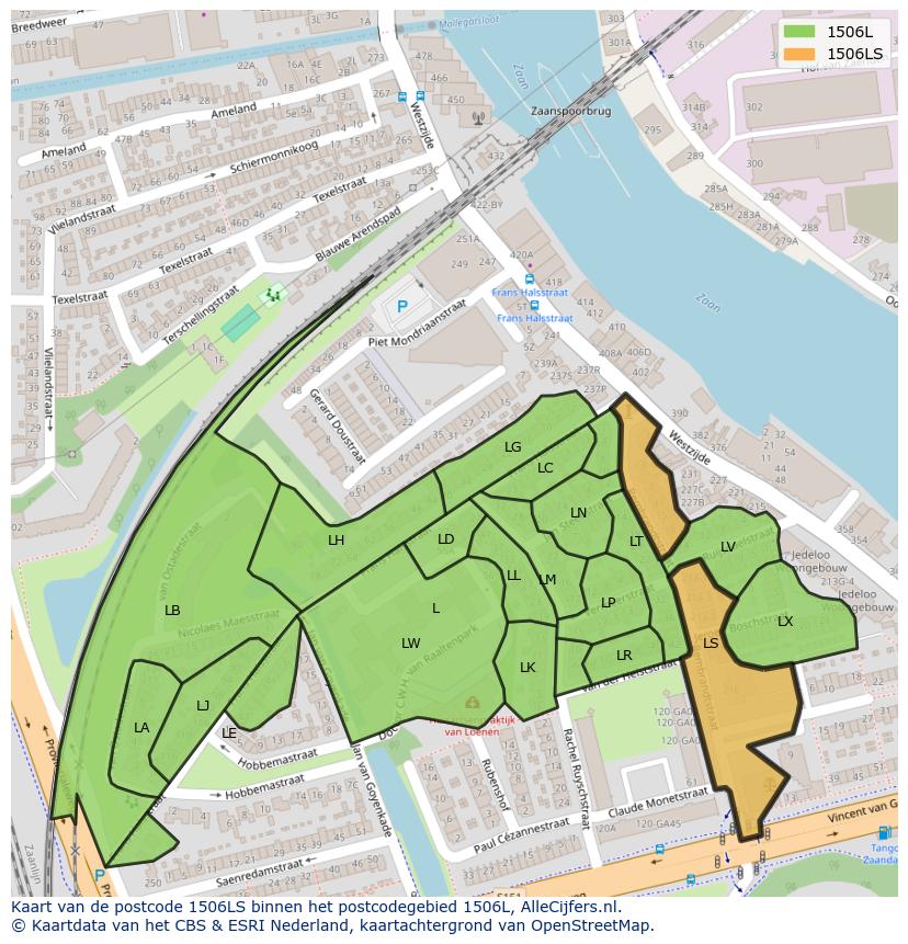 Afbeelding van het postcodegebied 1506 LS op de kaart.