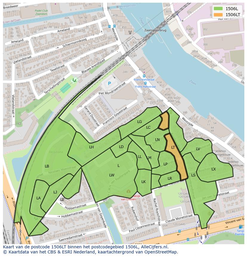 Afbeelding van het postcodegebied 1506 LT op de kaart.