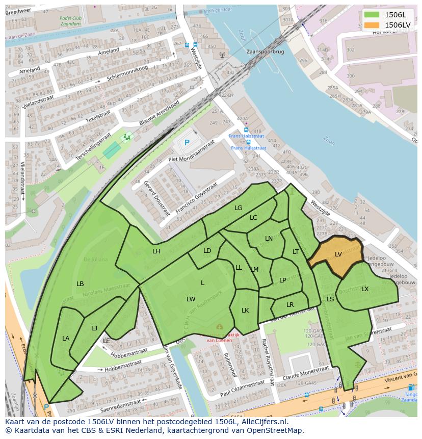 Afbeelding van het postcodegebied 1506 LV op de kaart.
