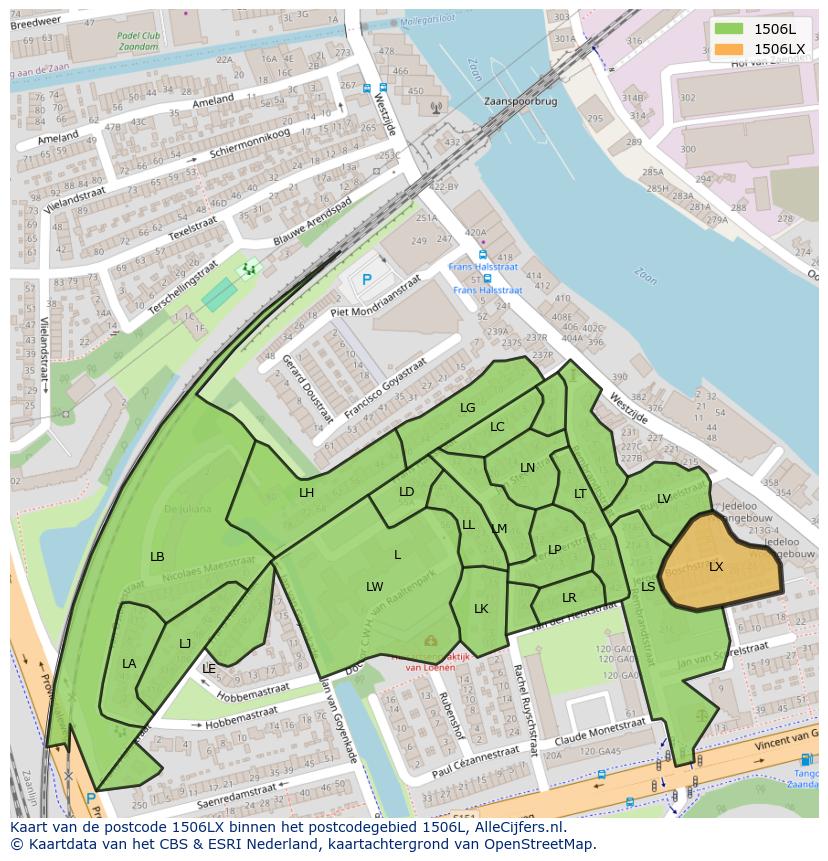 Afbeelding van het postcodegebied 1506 LX op de kaart.