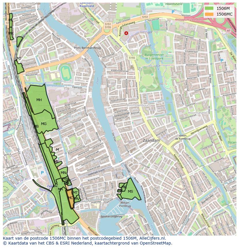 Afbeelding van het postcodegebied 1506 MC op de kaart.