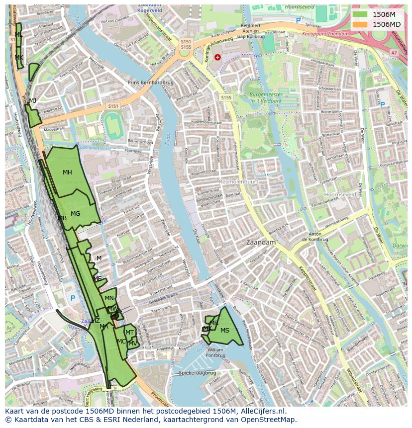 Afbeelding van het postcodegebied 1506 MD op de kaart.