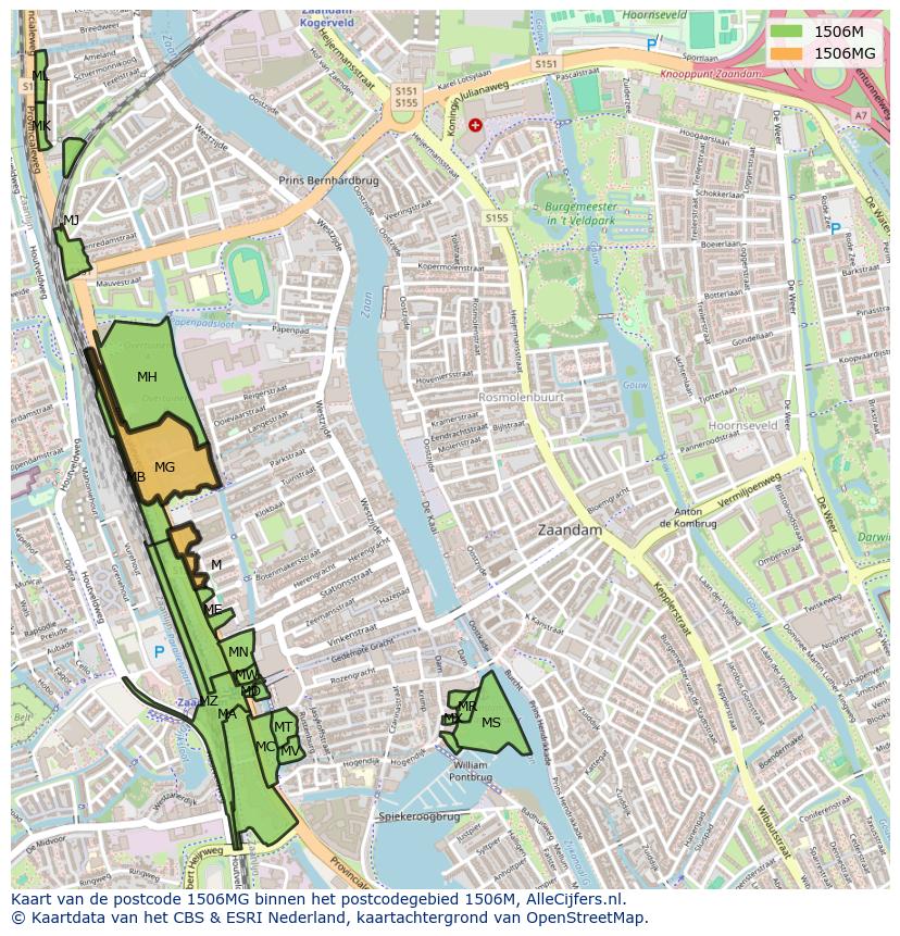 Afbeelding van het postcodegebied 1506 MG op de kaart.