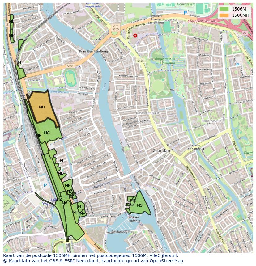 Afbeelding van het postcodegebied 1506 MH op de kaart.