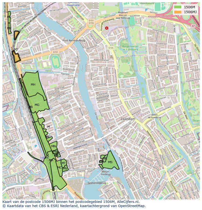 Afbeelding van het postcodegebied 1506 MJ op de kaart.