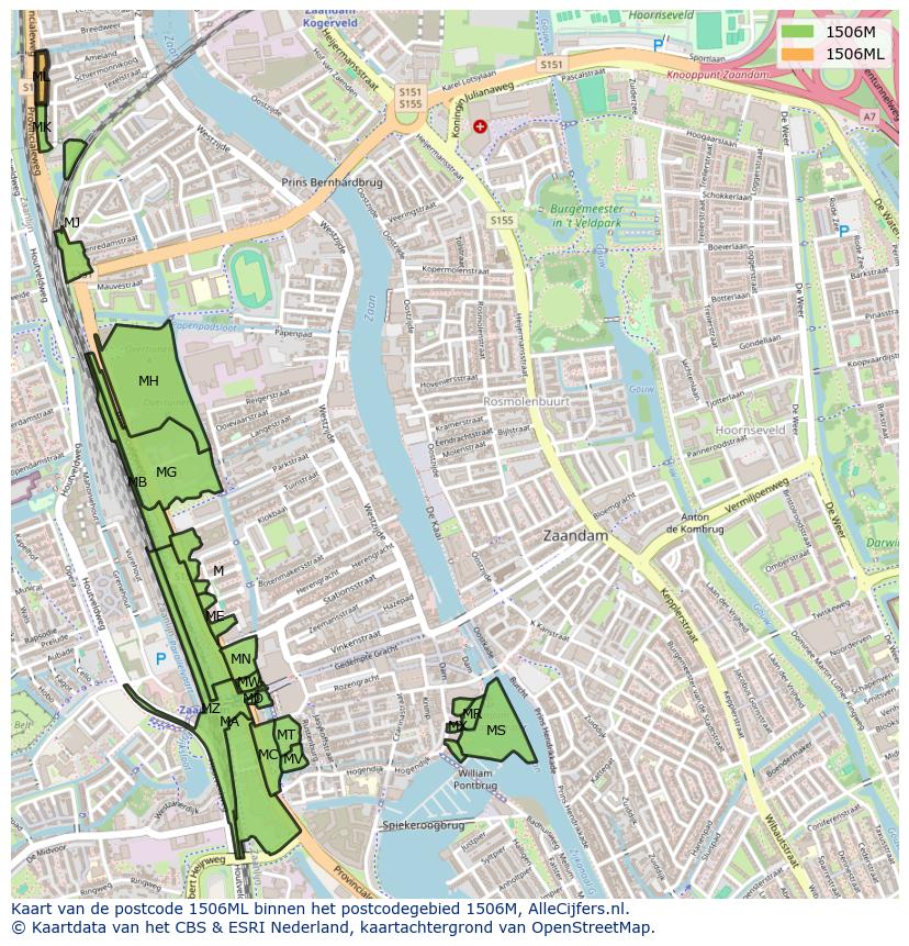 Afbeelding van het postcodegebied 1506 ML op de kaart.