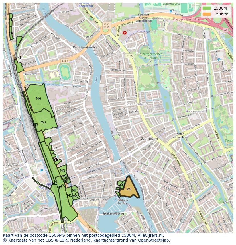 Afbeelding van het postcodegebied 1506 MS op de kaart.