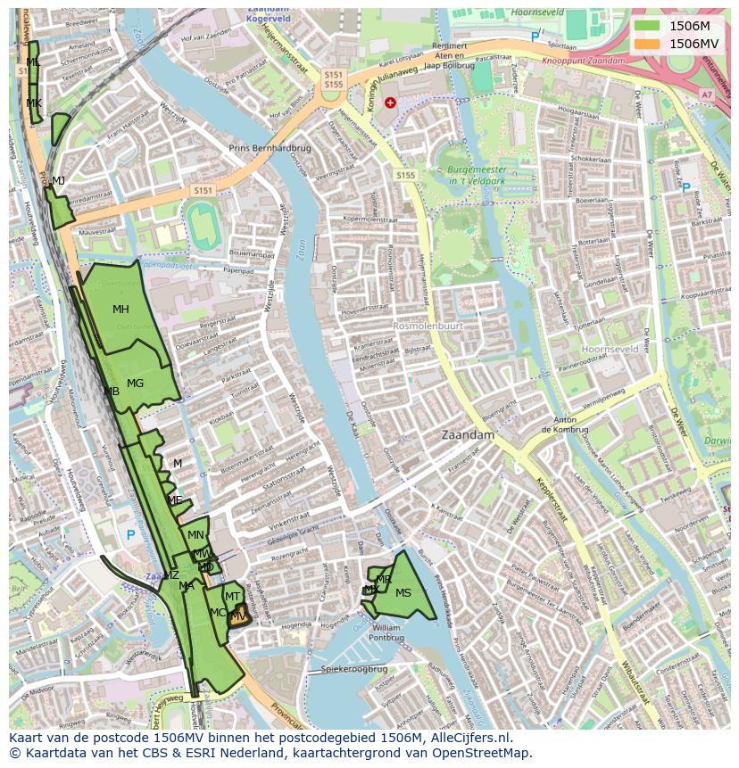 Afbeelding van het postcodegebied 1506 MV op de kaart.