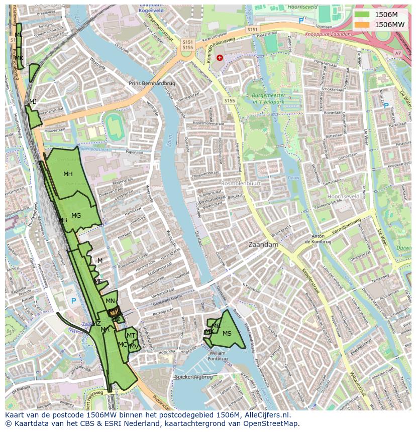 Afbeelding van het postcodegebied 1506 MW op de kaart.