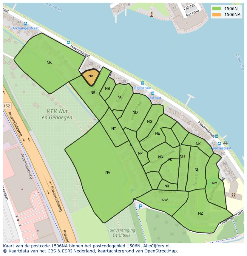 Afbeelding van het postcodegebied 1506 NA op de kaart.