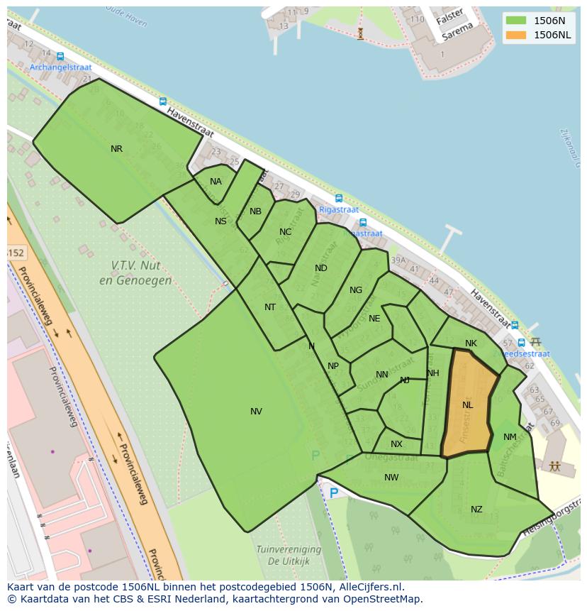 Afbeelding van het postcodegebied 1506 NL op de kaart.