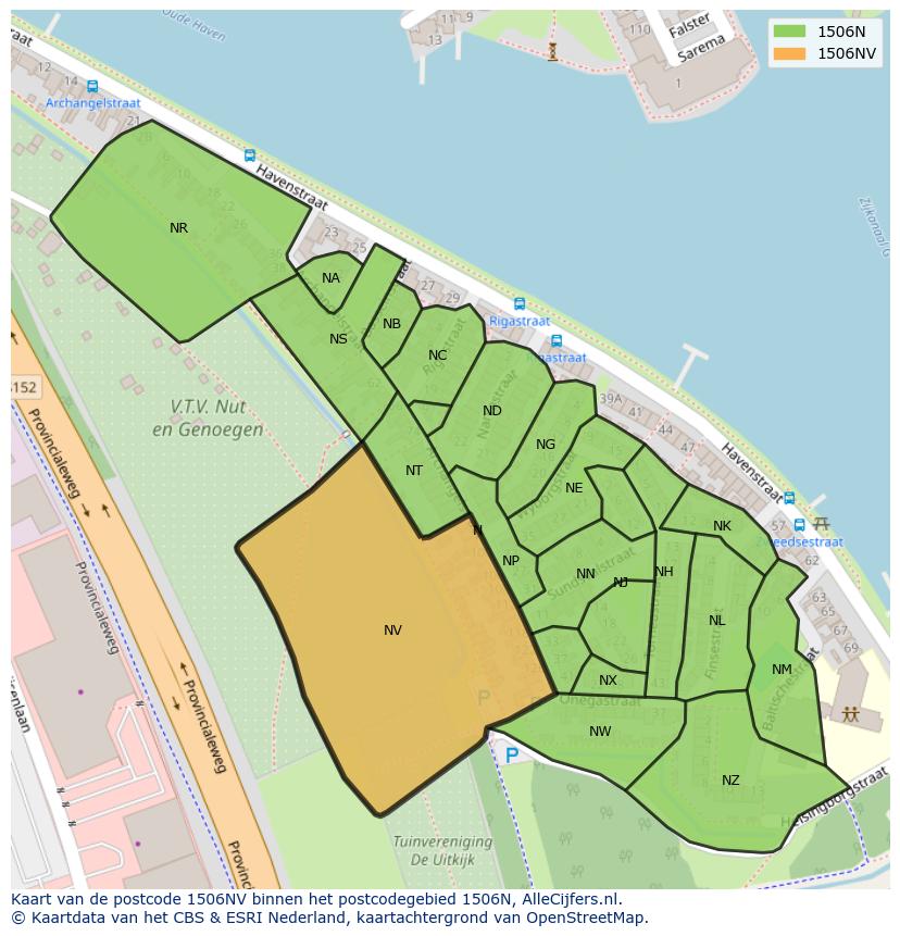 Afbeelding van het postcodegebied 1506 NV op de kaart.