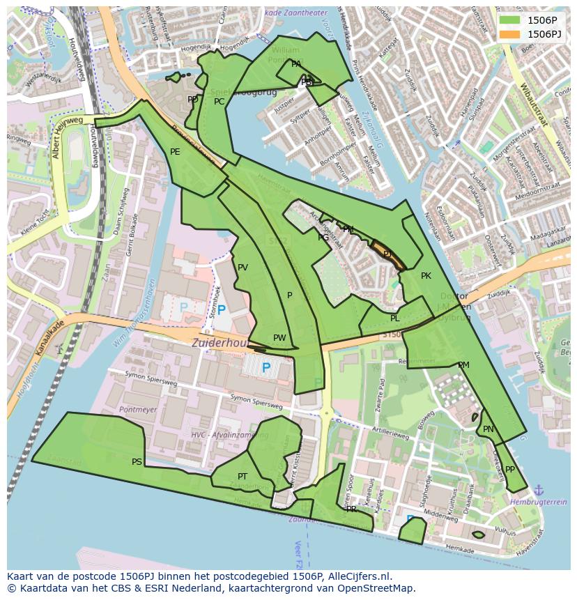 Afbeelding van het postcodegebied 1506 PJ op de kaart.