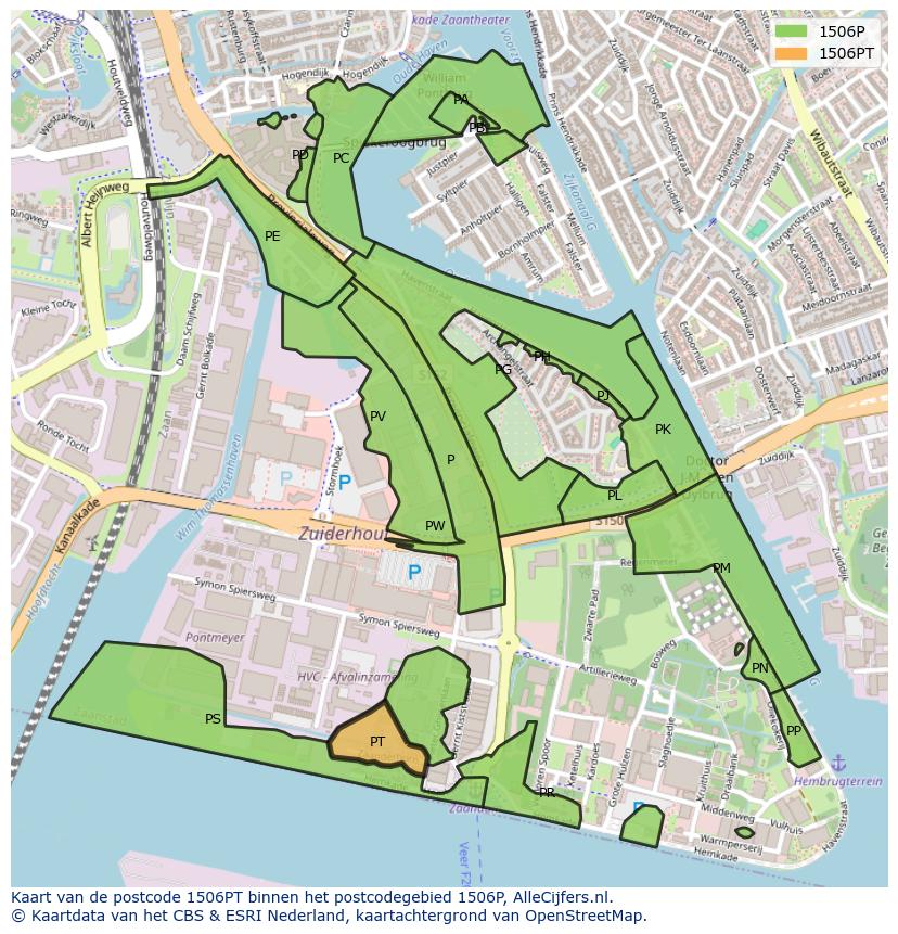 Afbeelding van het postcodegebied 1506 PT op de kaart.