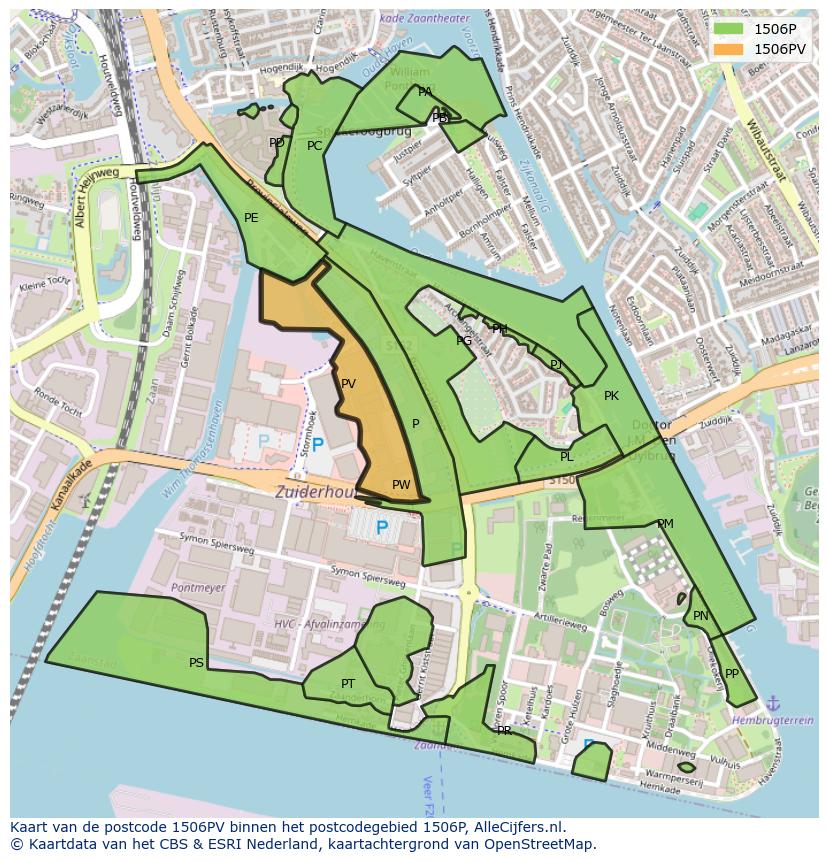 Afbeelding van het postcodegebied 1506 PV op de kaart.