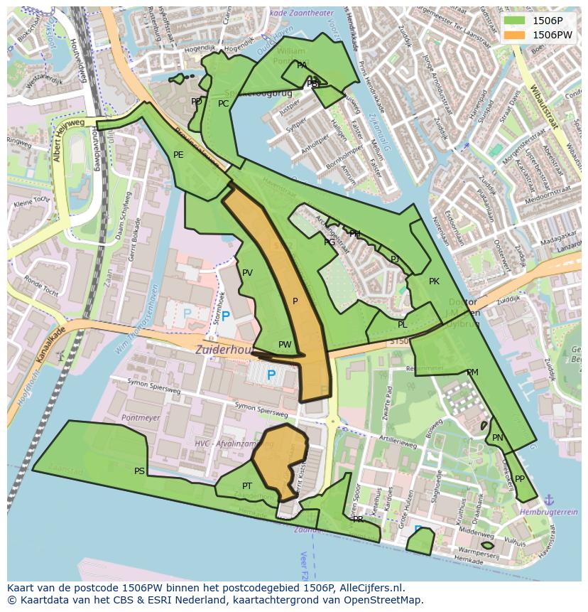 Afbeelding van het postcodegebied 1506 PW op de kaart.