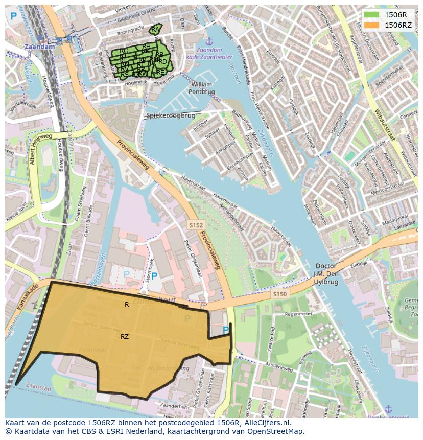 Afbeelding van het postcodegebied 1506 RZ op de kaart.
