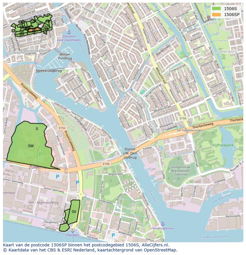 Afbeelding van het postcodegebied 1506 SP op de kaart.