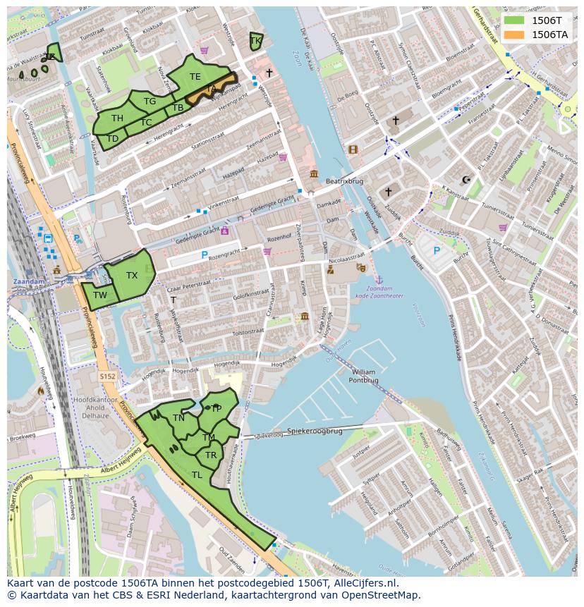 Afbeelding van het postcodegebied 1506 TA op de kaart.
