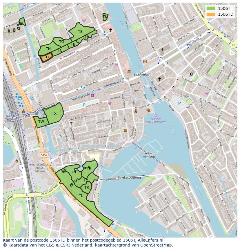 Afbeelding van het postcodegebied 1506 TD op de kaart.